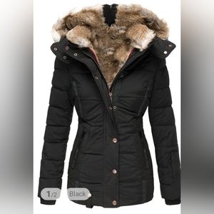 Black women's large jacket coat unzip faux fur hood parka BRAND NEW